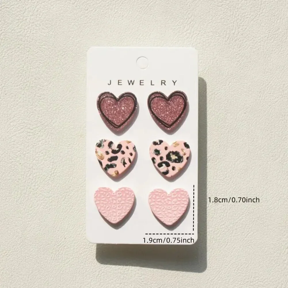 NEW 3 Pairs Heart Stud Earrings Pink & black Leopard Print heart earrings trendy